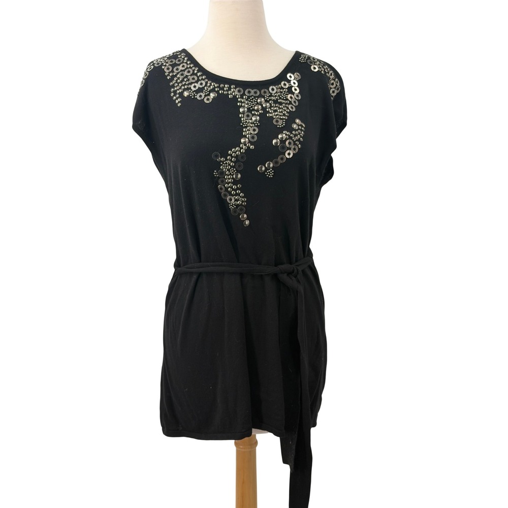 Chico's Womens Black Studded Embellished Knit Top Short Sleeve Belted 2/Large